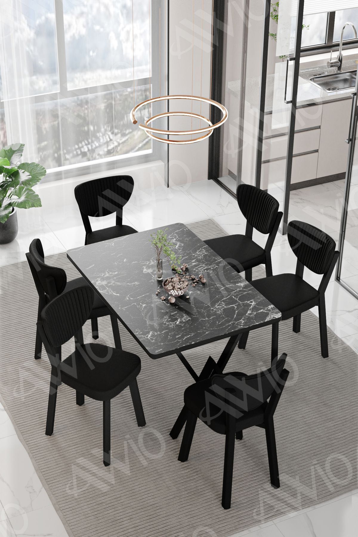 MİDA  ELMA Sandalye 80x140 Yemek Masası Mutfak Masası 6 Kişilik Masa Sandalye Takım SİYAH MERMER - 80X140