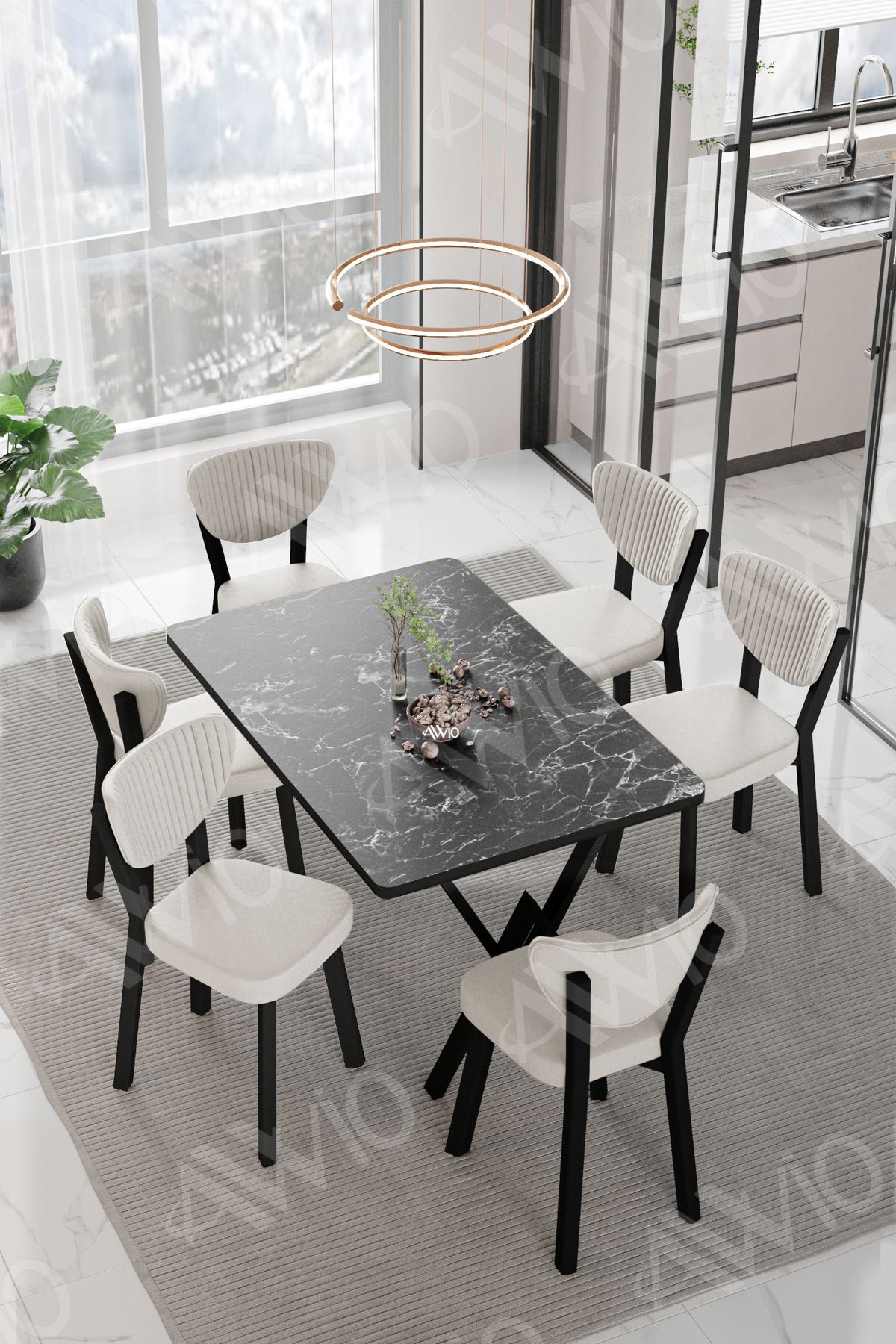 DORA  ELMA Sandalye 80x140 Yemek Masası Mutfak Masası 6 Kişilik Masa Sandalye Takım SİYAH MERMER - 80X140
