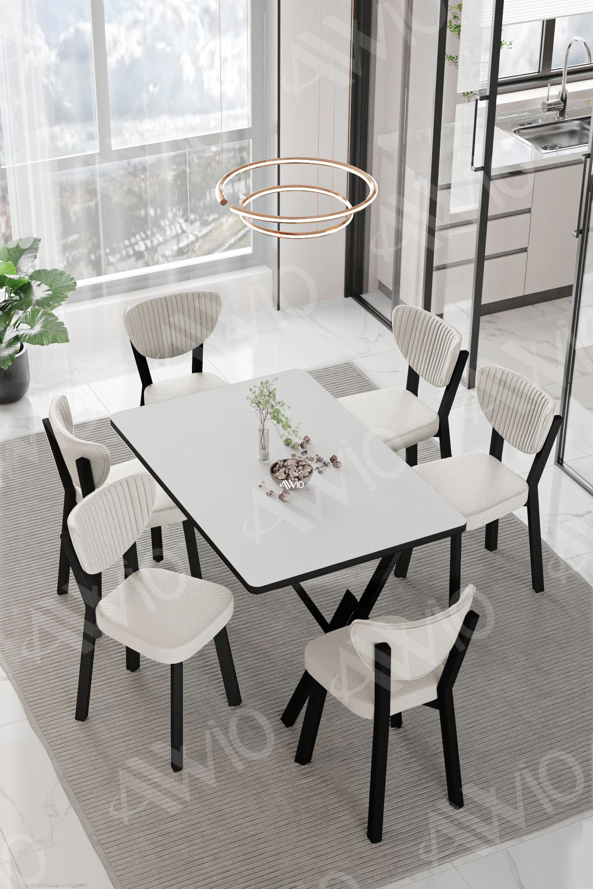 DORA  ELMA Sandalye 80x140 Yemek Masası Mutfak Masası 6 Kişilik Masa Sandalye Takım Beyaz - 80X140
