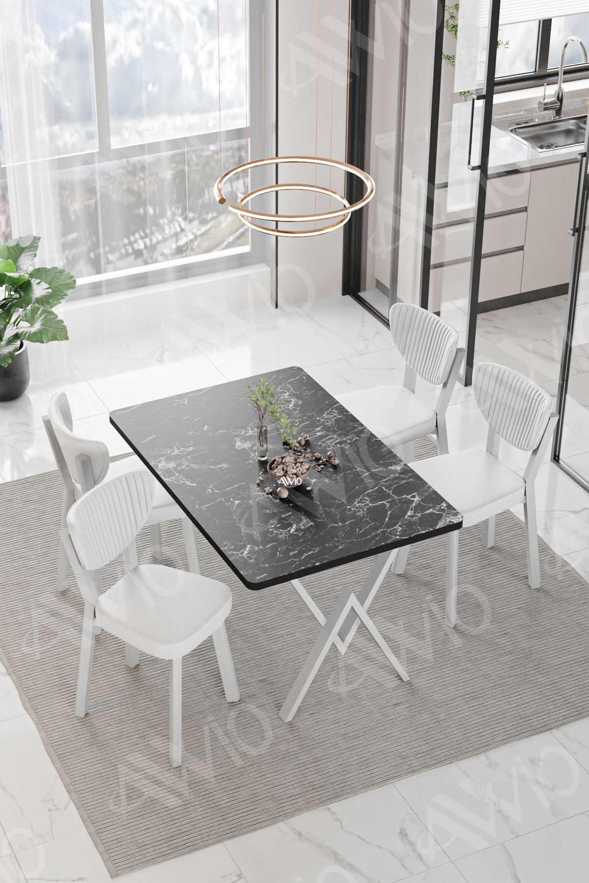 PARLA Beyaz Elma Sandalye 80x120 Yemek Masası Mutfak Masası 4 Kişilik Masa Sandalye Takımı SİYAH MERMER - 80X120