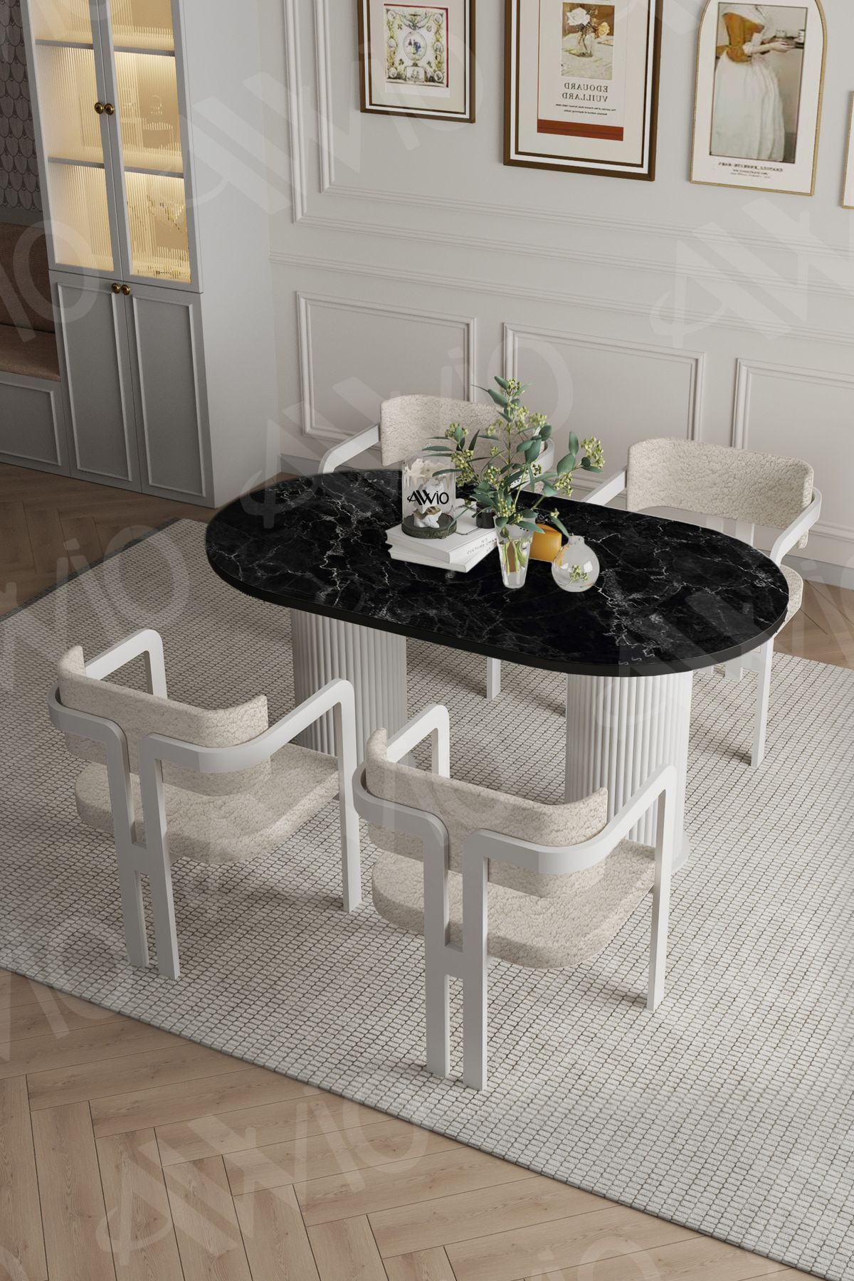 Pruva Bohem Ayak 4'lü Tokyo Metal Demonte Sandalye 80x140 Masa Sandalye Takımı SİYAH MERMER - 80X140