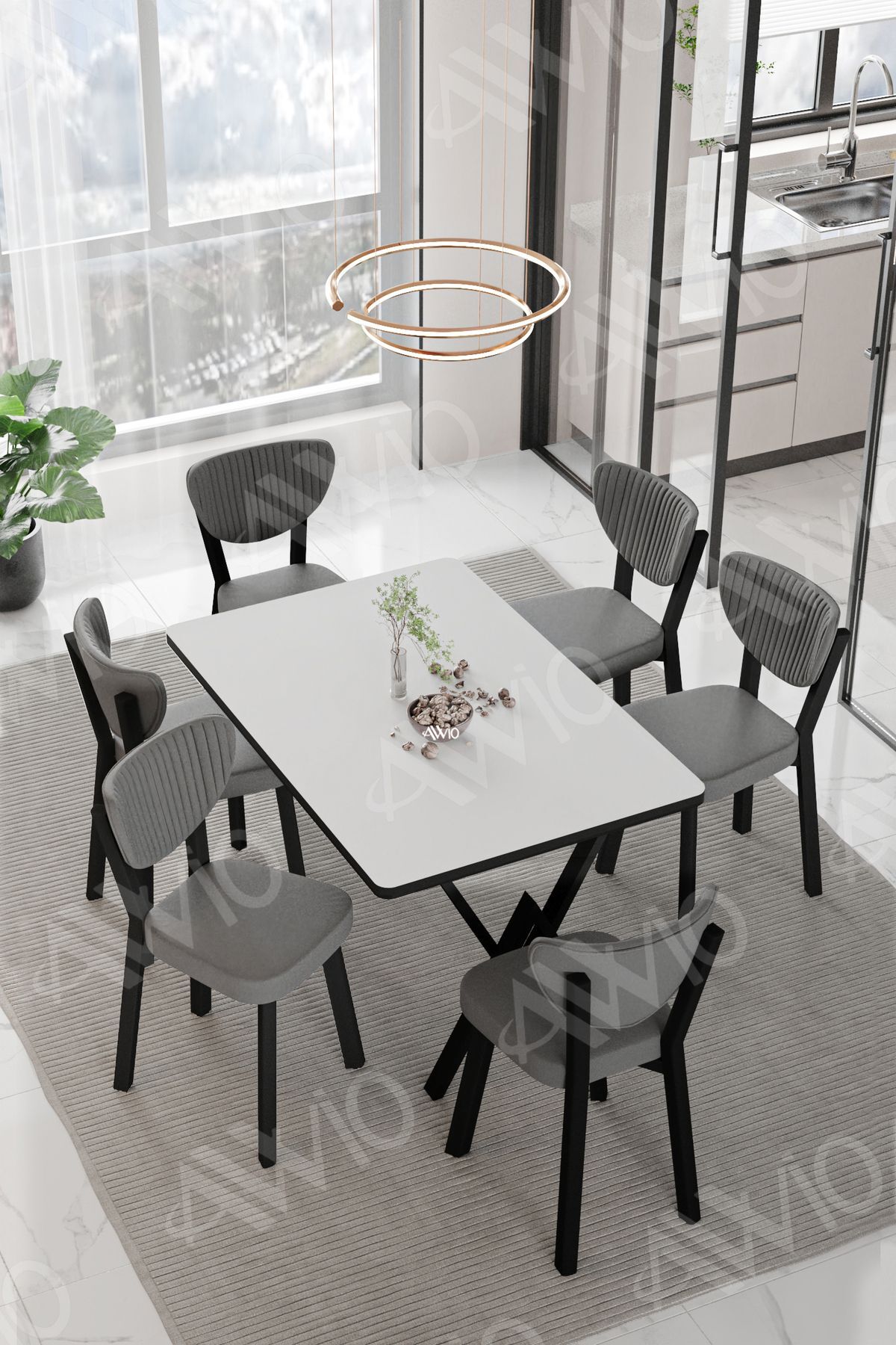 ELMA Sandalye 80x140 Yemek Masası Mutfak Masası 6 Kişilik Masa Sandalye Takım BEYAZ - 80X140