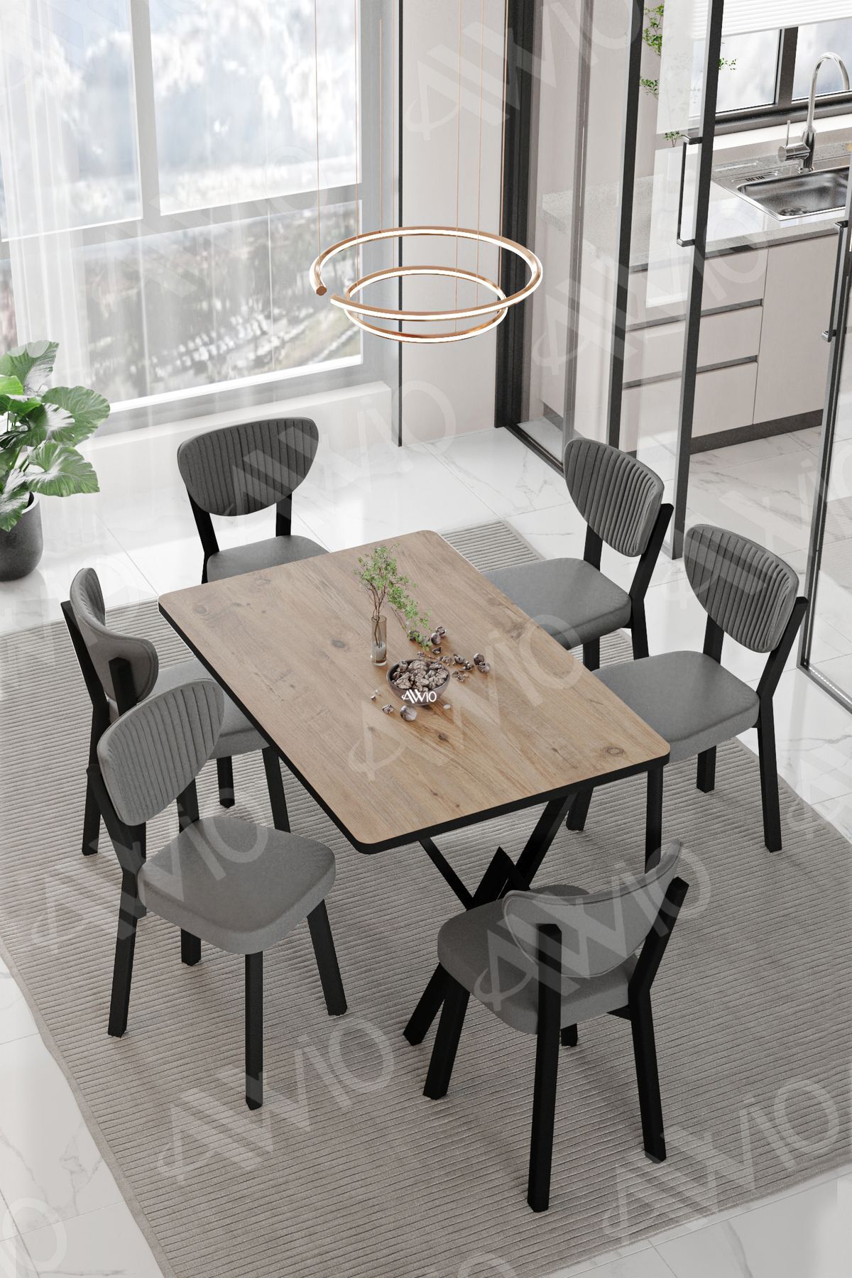 ELMA Sandalye 80x140 Yemek Masası Mutfak Masası 6 Kişilik Masa Sandalye Takım AKÇA - 80X140