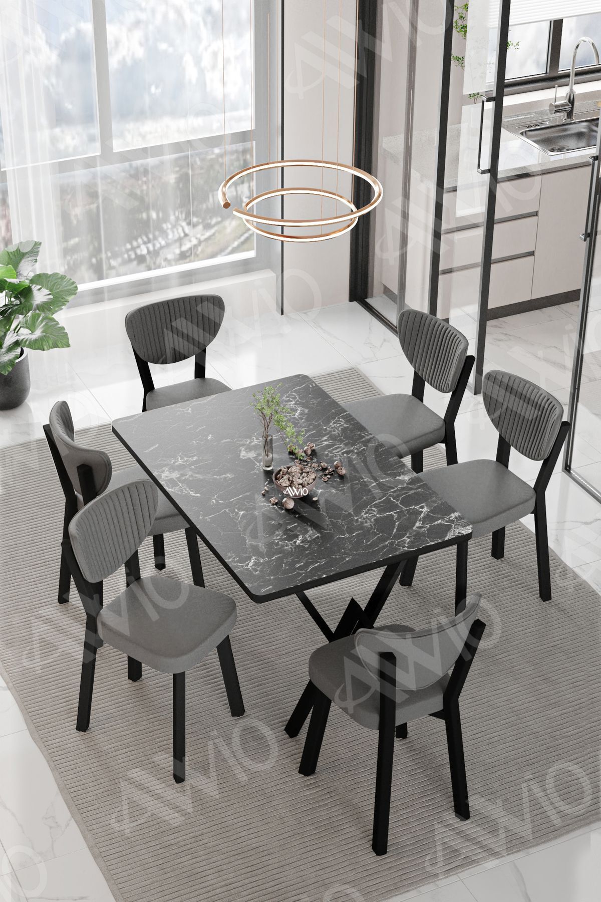 ELMA Sandalye 80x140 Yemek Masası Mutfak Masası 6 Kişilik Masa Sandalye Takım SİYAH MERMER - 80X140