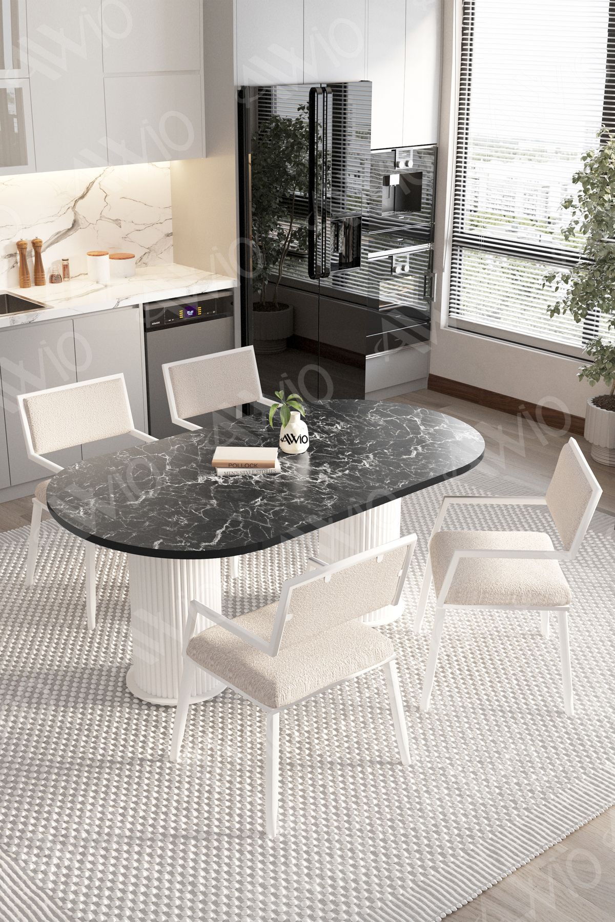 TRACY Bohem Ayak 80x140 Yemek Masası Mutfak Masası 4 Kişilik Masa Sandalye Takımı Siyah Mermer - 80X140