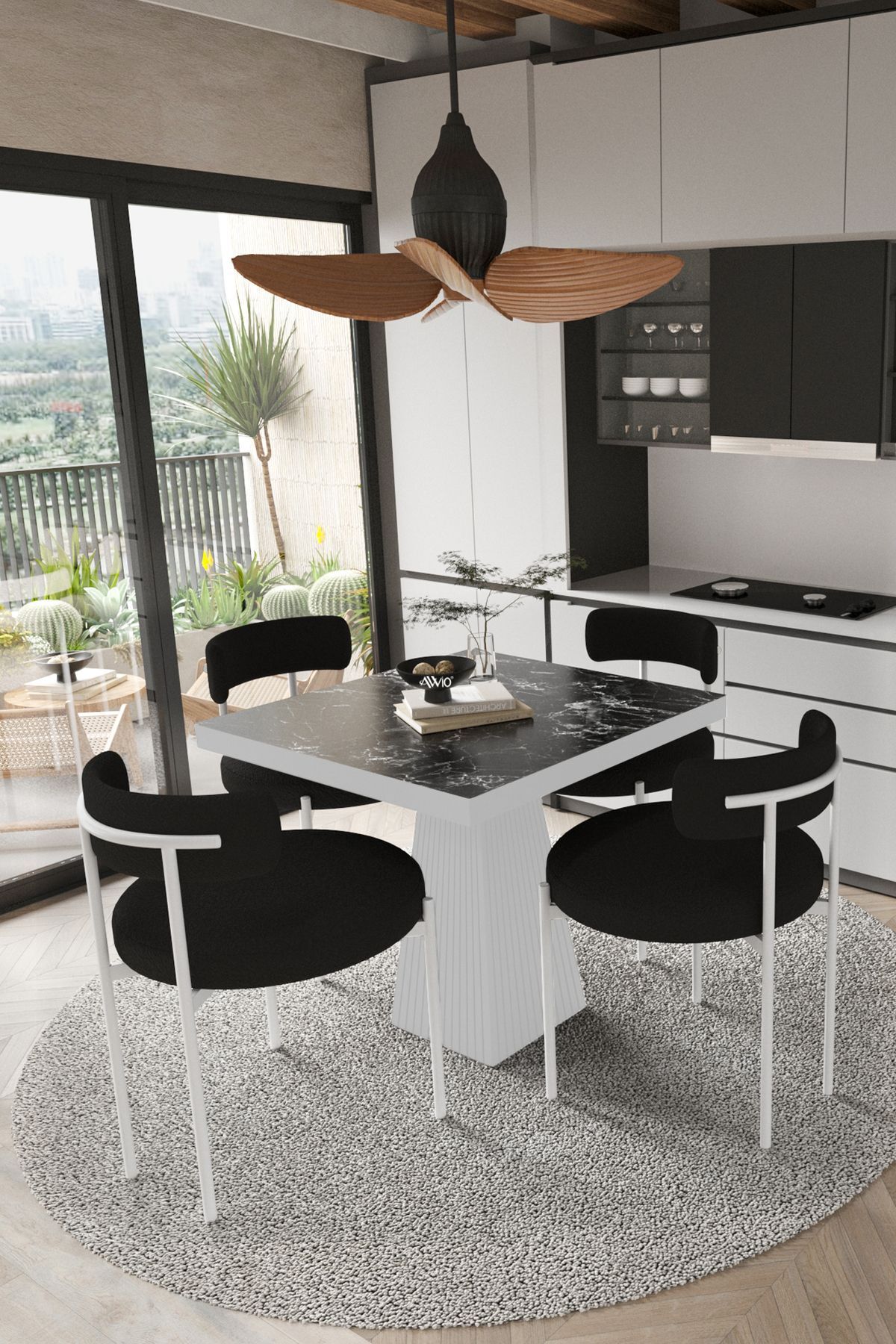 MİLENA  Beyaz Lake MDF Ayak  90x90 Yemek Masası Mutfak Masası 4 Kişilik Masa Takımı Teddy Sandalye SİYAH MERMER - 90X90