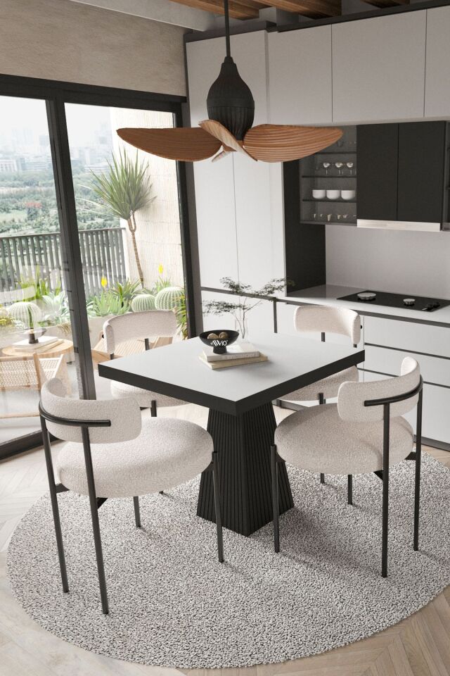 Lago Siyah Lake Mdf Ayak 80x80 Yemek Masası Mutfak Masası 4 Kişilik Masa Takımı Teddy Sandalye BEYAZ - 80X80