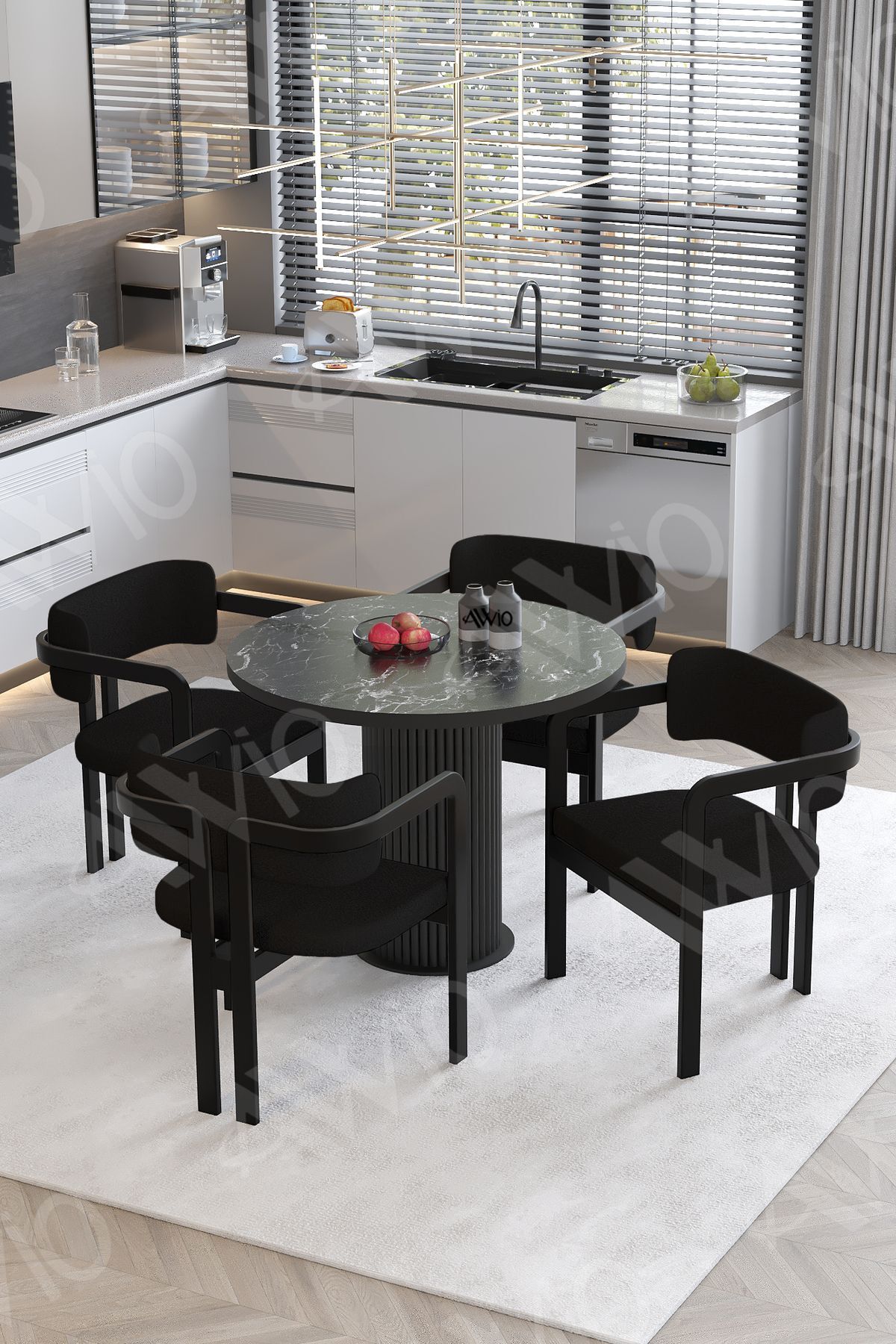 Moon Bohem Ayak 4'lü Tokyo Sandalye 90x90 Masa Sandalye Takımı SİYAH MERMER - 90X90