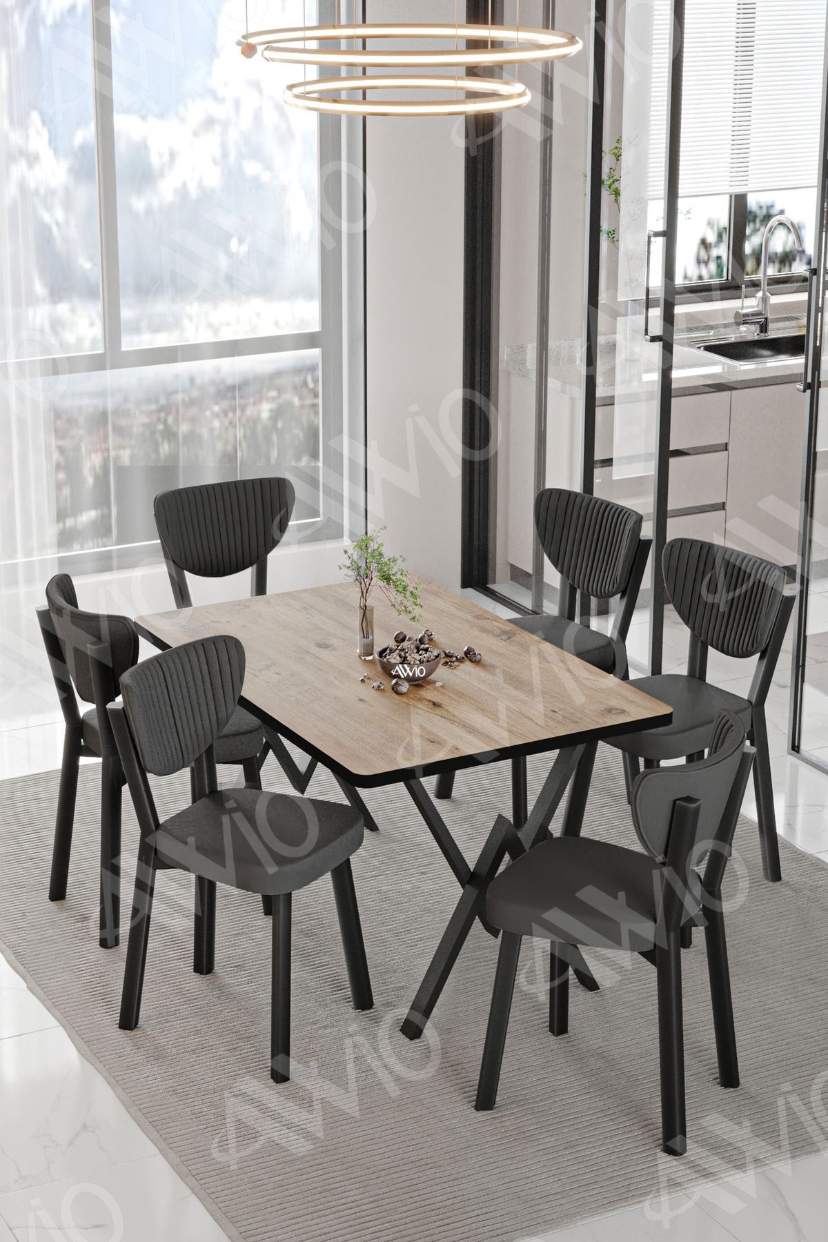 VİNA ELMA Sandalye 80x140 Yemek Masası Mutfak Masası 6 Kişilik Masa Sandalye Takım AKÇA - 80X140