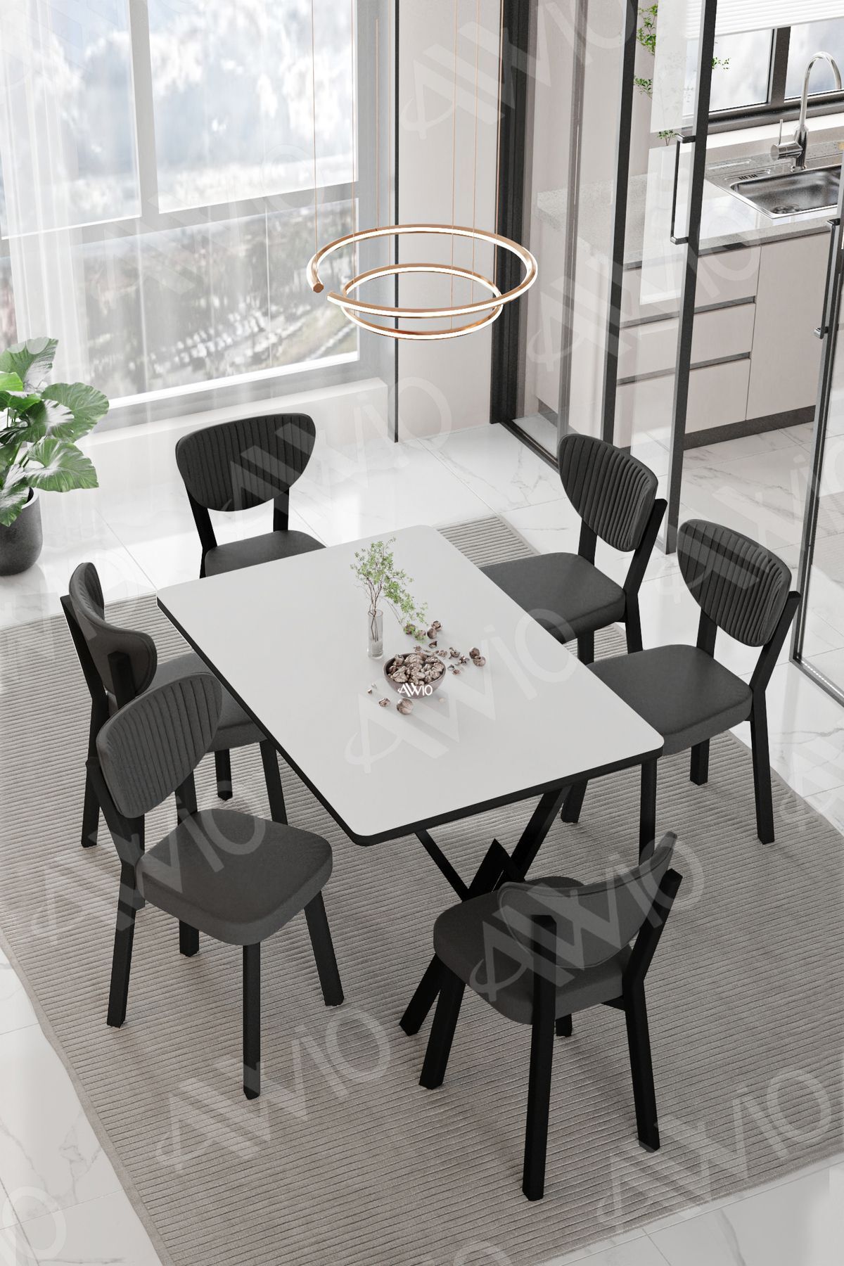 VİNA ELMA Sandalye 80x140 Yemek Masası Mutfak Masası 6 Kişilik Masa Sandalye Takım BEYAZ - 80X140