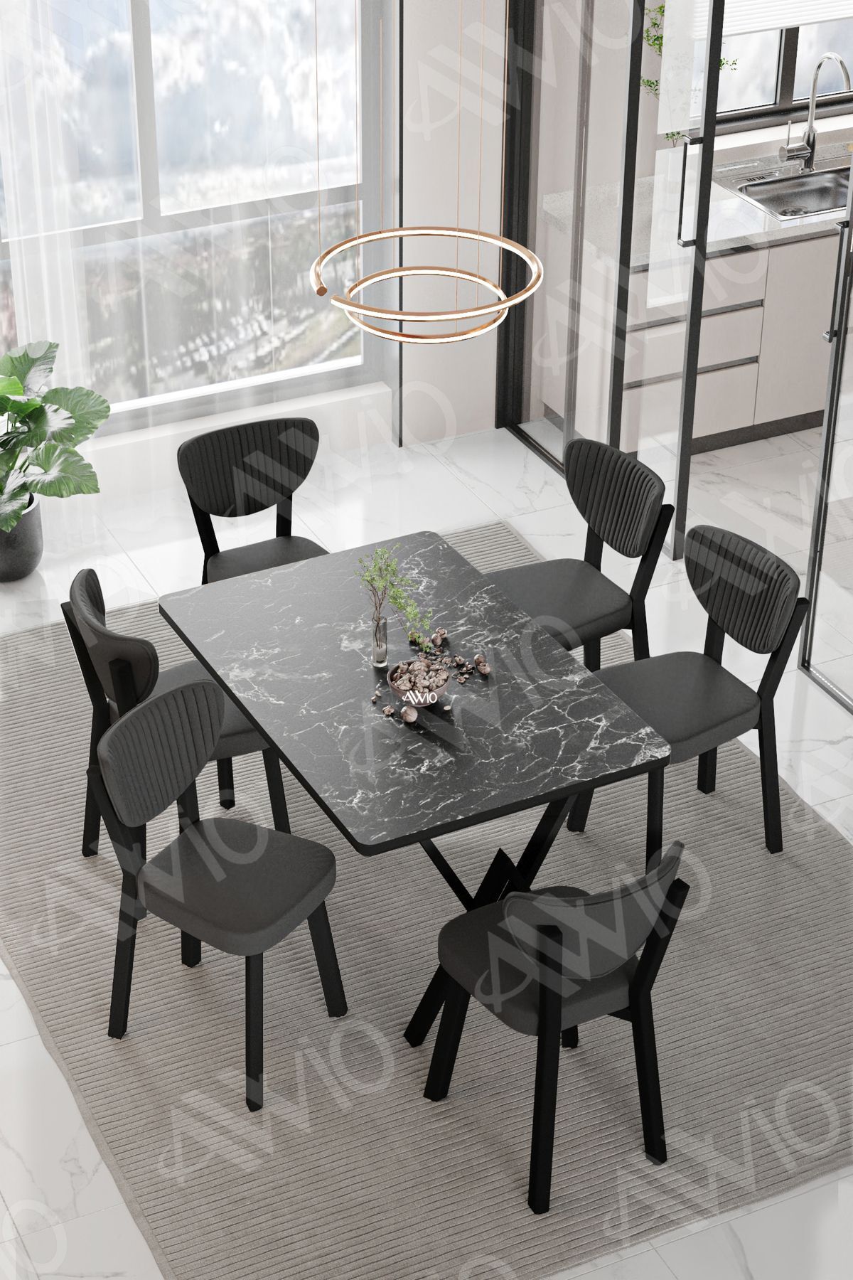 VİNA ELMA Sandalye 80x140 Yemek Masası Mutfak Masası 6 Kişilik Masa Sandalye Takım SİYAH MERMER - 80X140