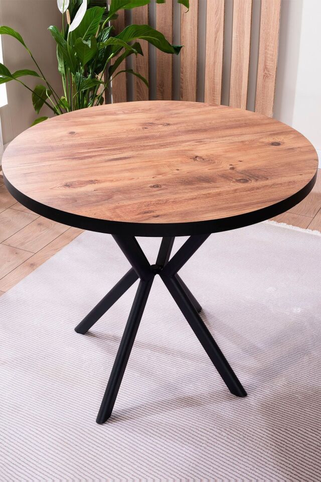 Elma Yuvarlak Ceviz Mutfak Masa Takımı 4 Sandalyeli Salon Yemek Masa Takımı 90x90 cm Bej - 90X90