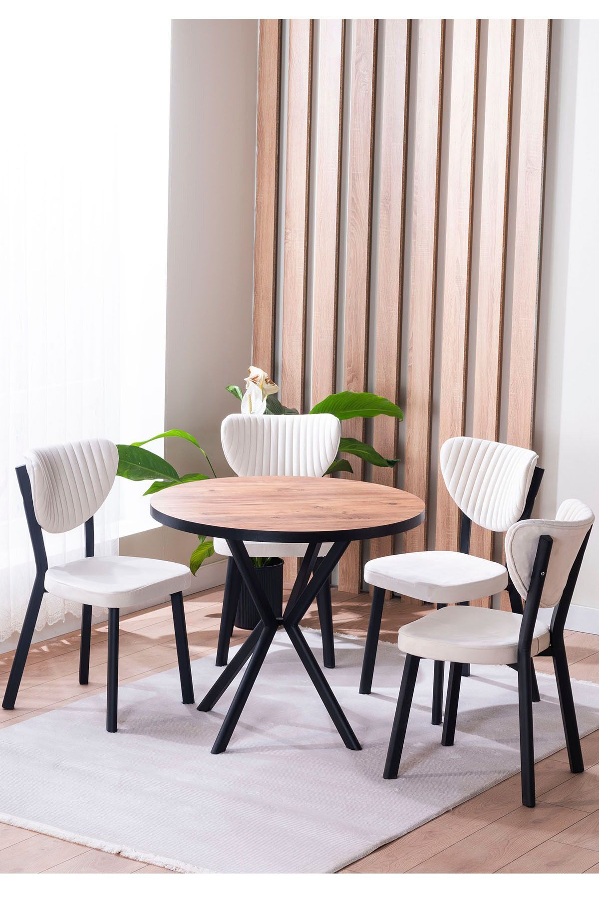 Elma Yuvarlak Ceviz Mutfak Masa Takımı 4 Sandalyeli Salon Yemek Masa Takımı 90x90 cm Bej - 90X90