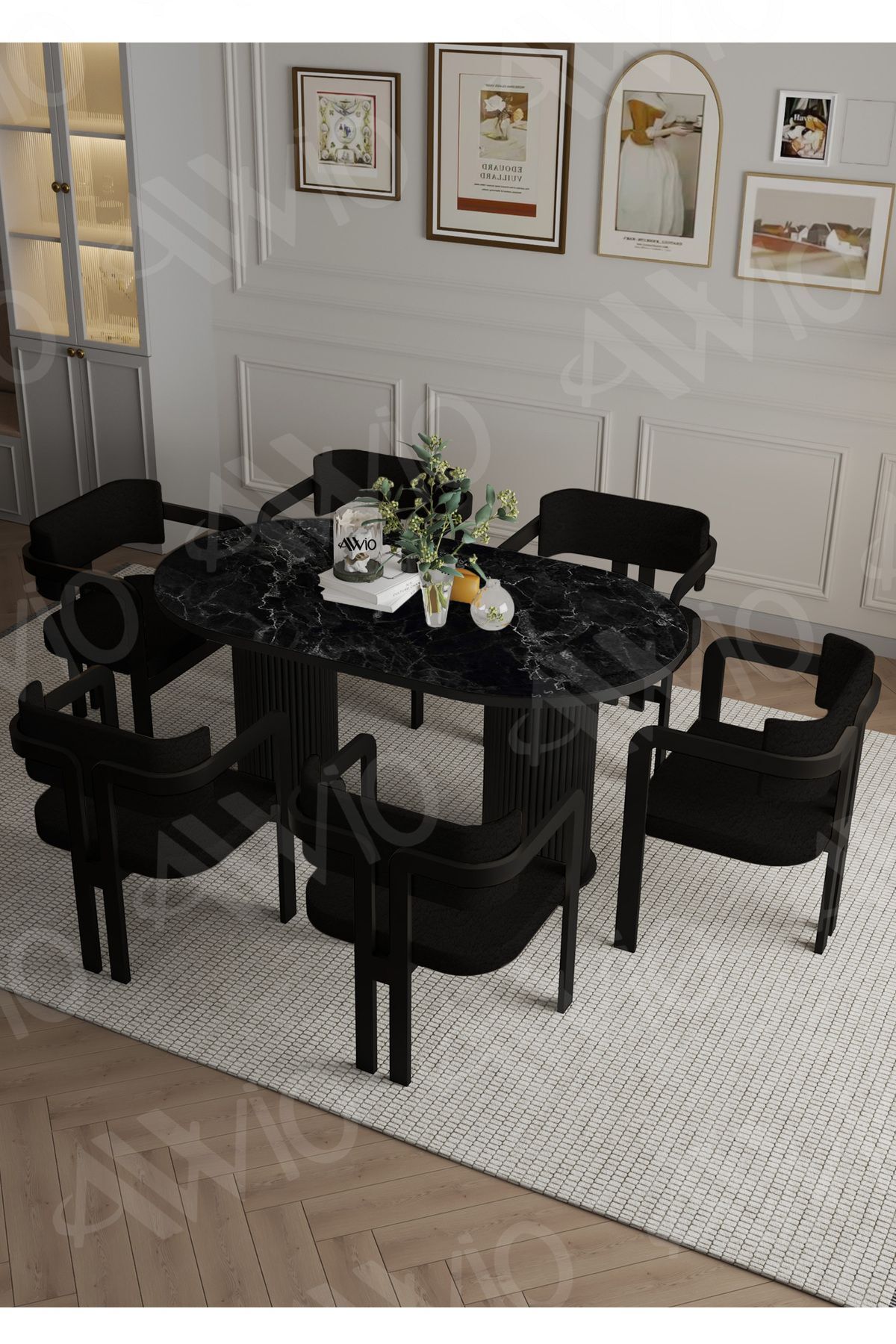 Bohem Ayak 6'lı Tokyo Metal Demonte Sandalye 80x180 Masa Sandalye Takımı Siyah Mermer - 80X180