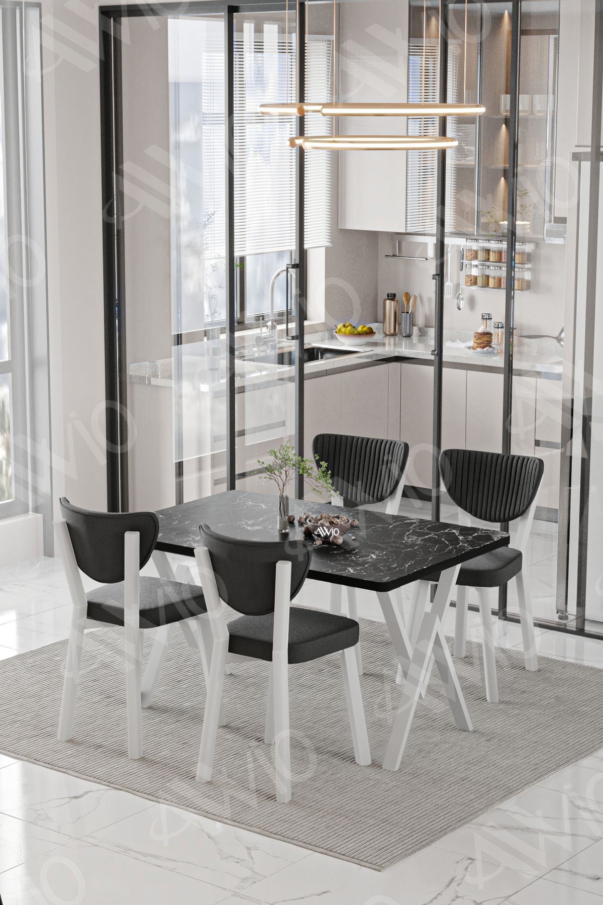 Beyaz Elma Sandalye 80x120 Yemek Masası Mutfak Masası 4 Kişilik Masa Sandalye Takımı SİYAH MERMER - 80X120