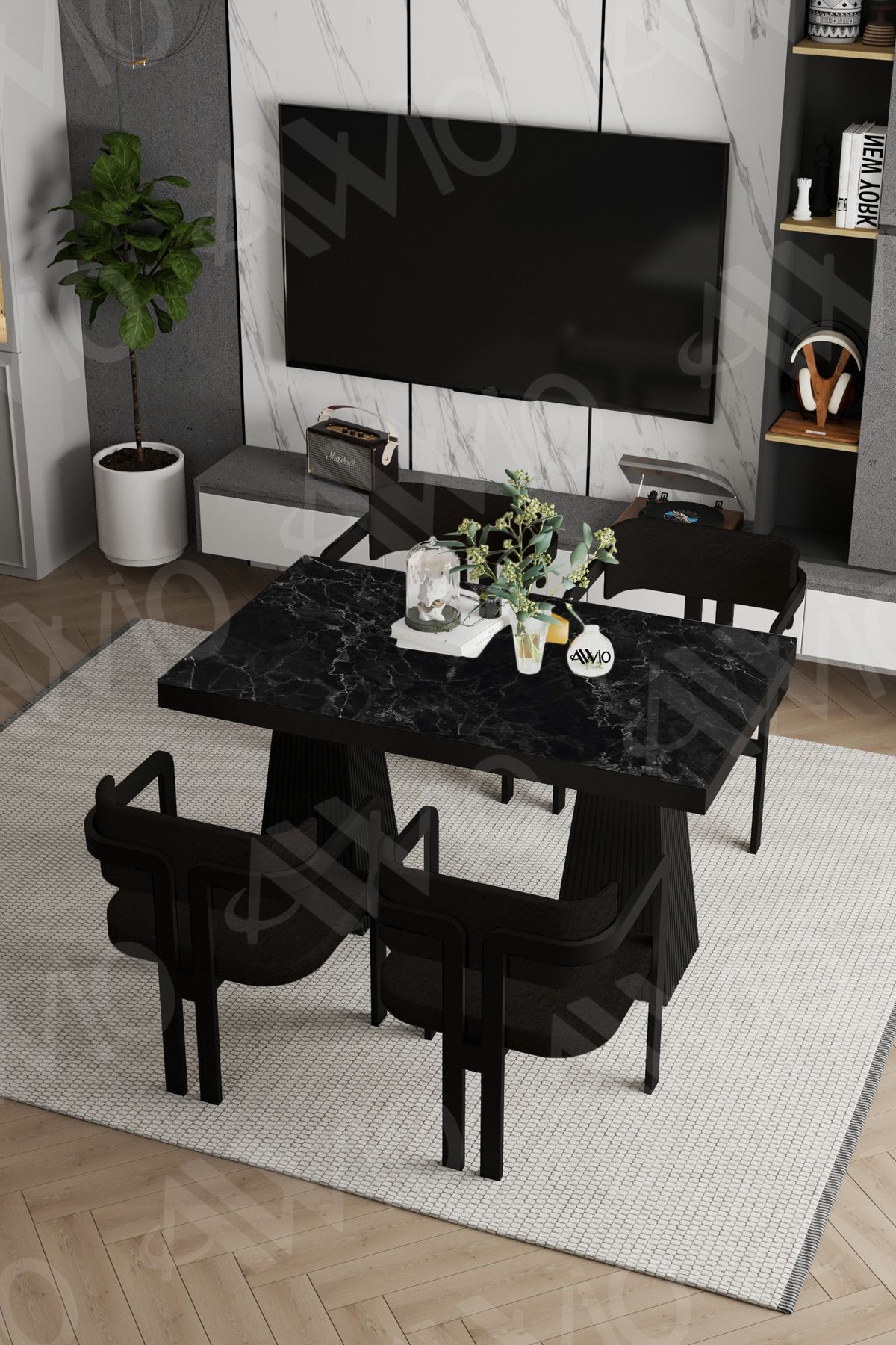 Veroni Lake Mdf Ayak Tokyo Demonte Sandalye 80x120 Yemek Masası Mutfak Masası 4 Kişilik SİYAH MERMER - 80X120