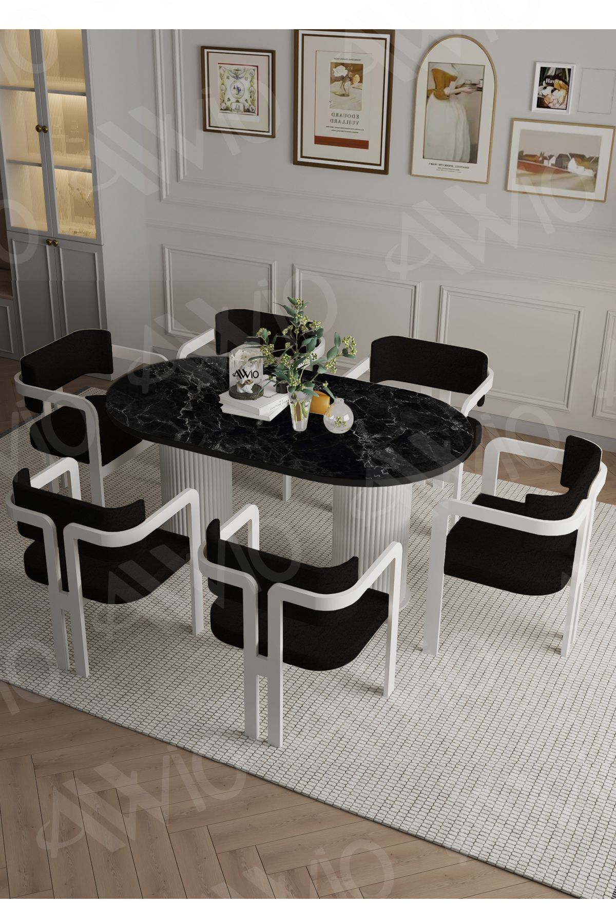 Romeo Bohem Ayak 6'lı Tokyo Metal Demonte Sandalye 80x160 Masa Sandalye Takımı SİYAH MERMER - 80X160