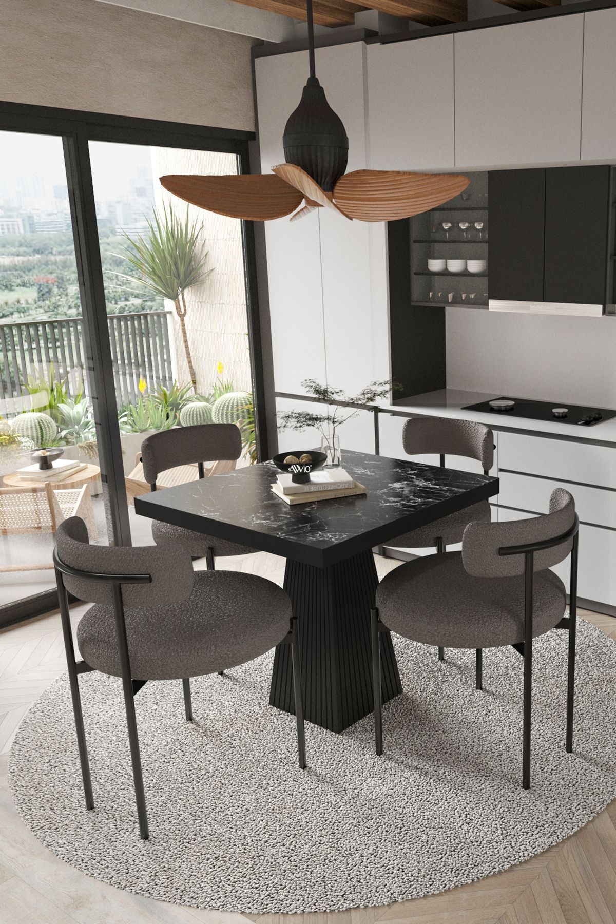 Lago Siyah Lake Mdf Ayak 80x80 Yemek Masası Mutfak Masası 4 Kişilik Masa Takımı Teddy Sandalye SİYAH MERMER - 80X80