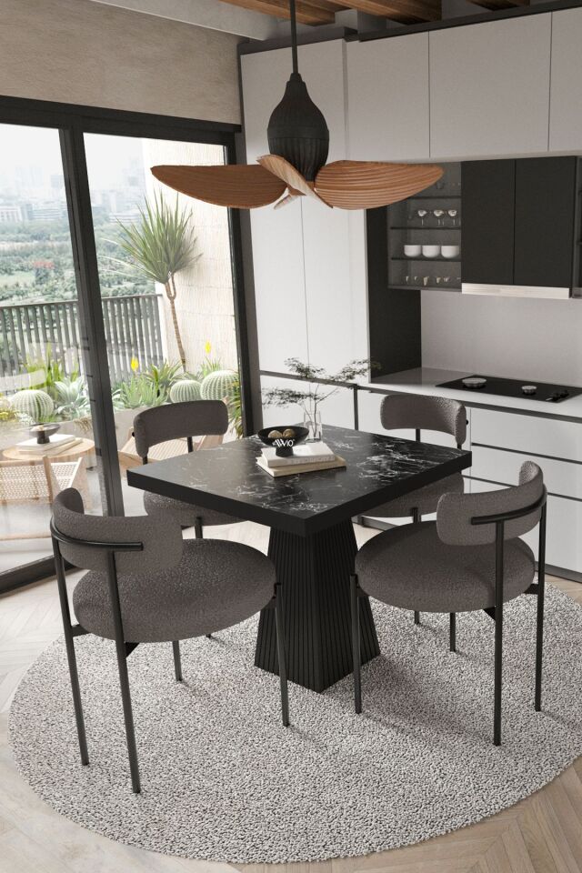 Lago Siyah Lake Mdf Ayak 80x80 Yemek Masası Mutfak Masası 4 Kişilik Masa Takımı Teddy Sandalye SİYAH MERMER - 80X80
