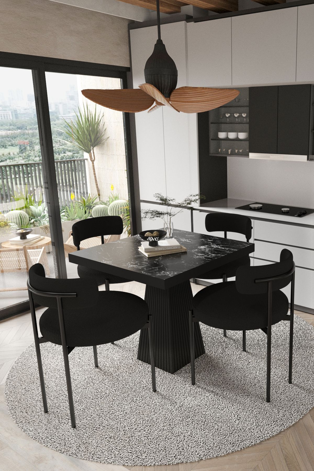 Lago Siyah Lake Mdf Ayak 80x80 Yemek Masası Mutfak Masası 4 Kişilik Masa Takımı Teddy Sandalye SİYAH MERMER - 80X80