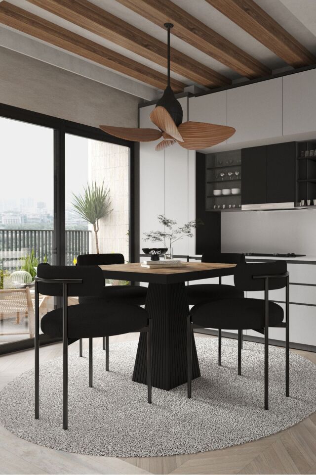Lago Siyah Lake Mdf Ayak 80x80 Yemek Masası Mutfak Masası 4 Kişilik Masa Takımı Teddy Sandalye AKÇA - 80X80