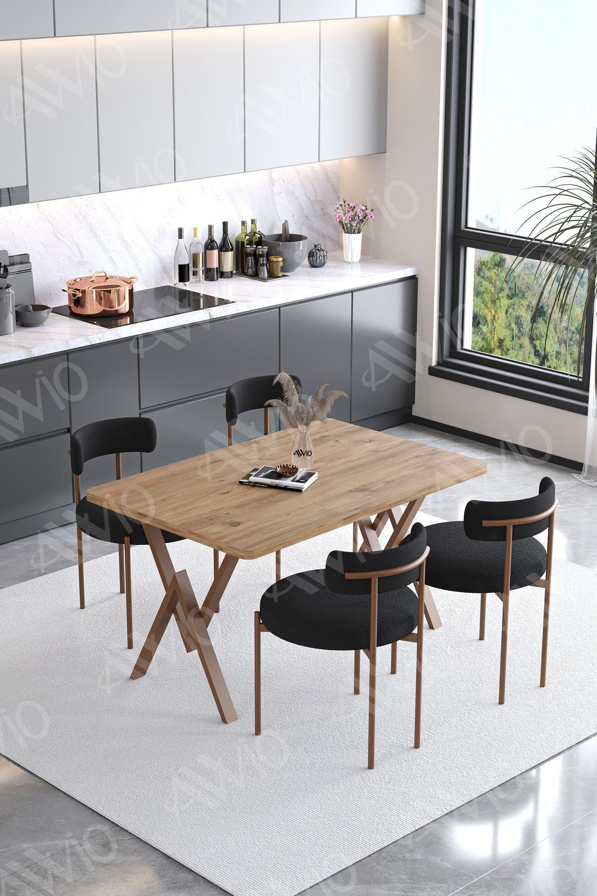 Lionte Teddy Sandalye 80x120 Yemek Masası Mutfak Masası 4 Kişilik Masa Sandalye Takımı AKÇA - 80X120