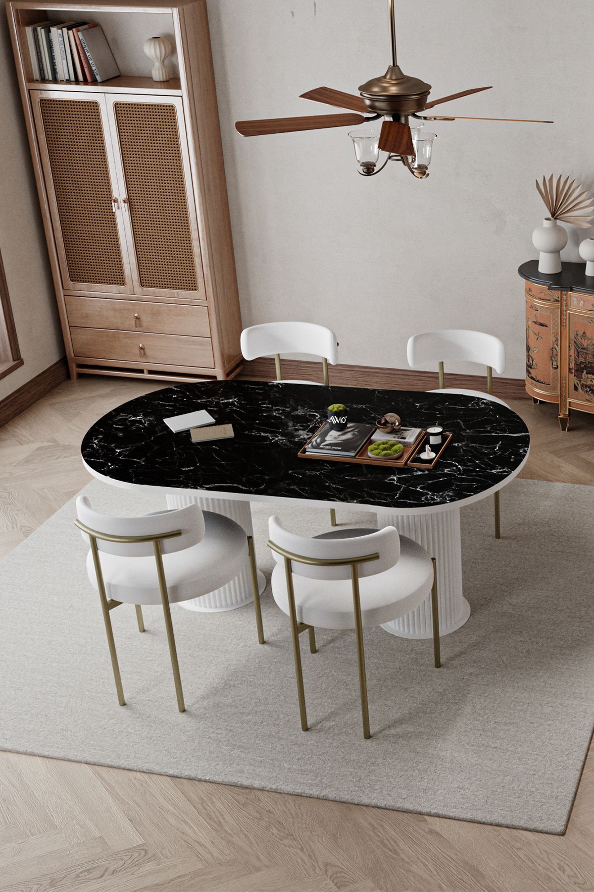 West Beyaz Bohem Ayak 80x160 Yemek Masası & Mutfak Masası & Salon Masası Masa Sandalye Takımı SİYAH MERMER - 80X160