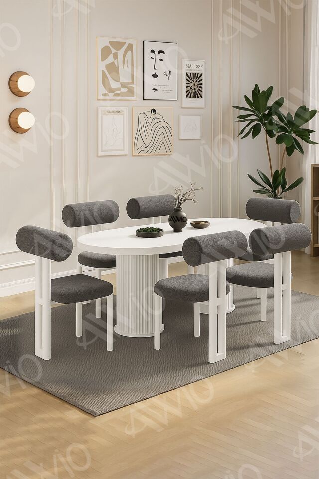 Carlina Bohem Ayak 6'Lı Metal Pofi Demonte Sandalye 80x160 Masa Sandalye Takımı Beyaz Masa Sandalye Beyaz Kumaş Antrasit Gri - 80X160