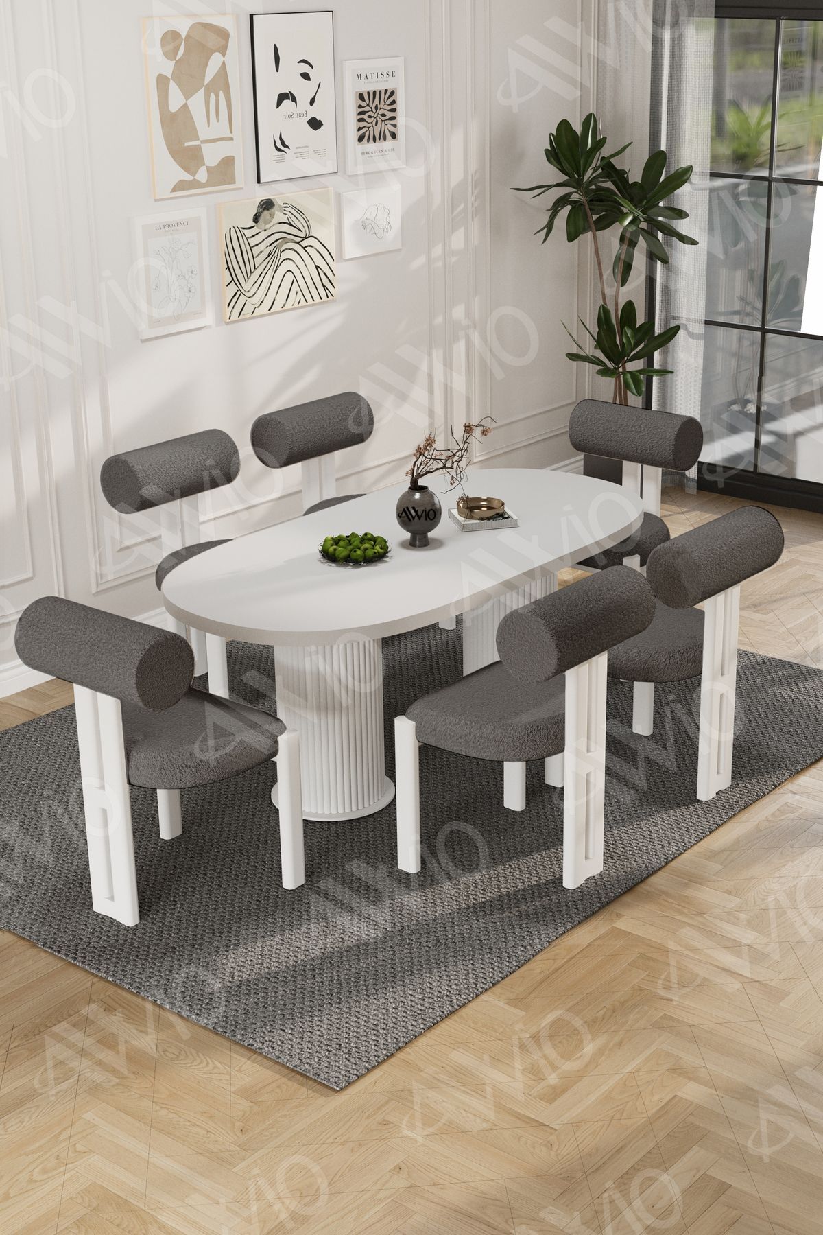 Carlina Bohem Ayak 6'Lı Metal Pofi Demonte Sandalye 80x160 Masa Sandalye Takımı Beyaz Masa Sandalye Beyaz Kumaş Antrasit Gri - 80X160