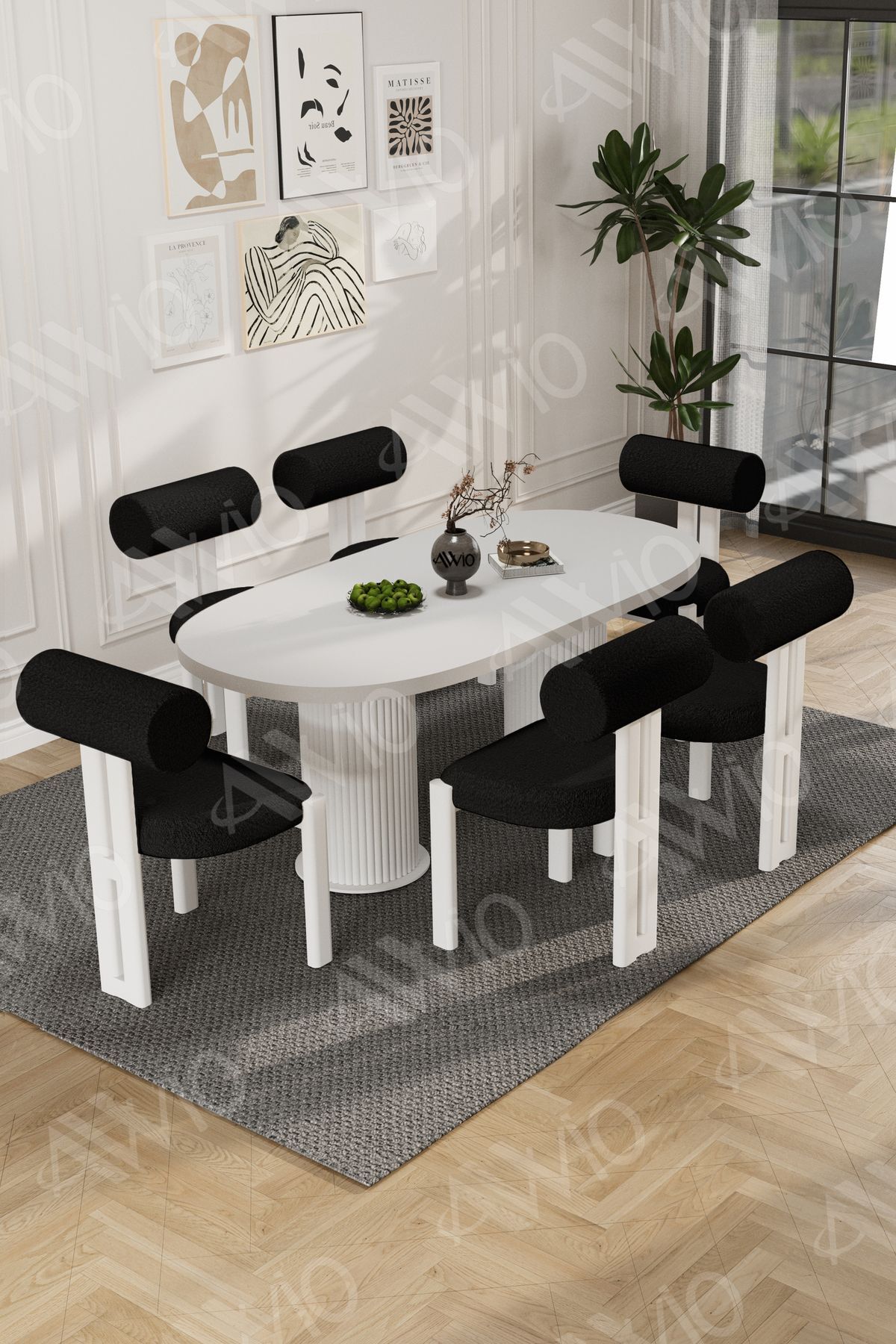 Carlina Bohem Ayak 6'Lı Metal Pofi Demonte Sandalye 80x160 Masa Sandalye Takımı Beyaz Masa Sandalye Beyaz Kumaş Siyah - 80X160