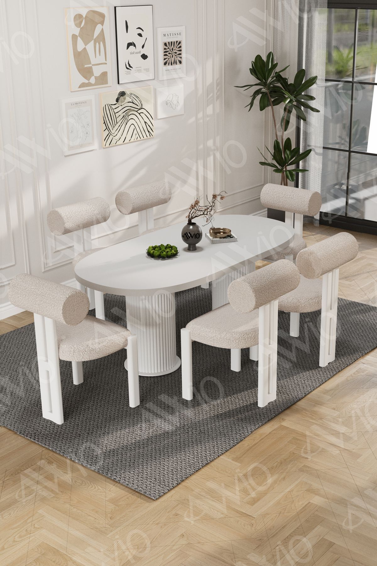 Carlina Bohem Ayak 6'Lı Metal Pofi Demonte Sandalye 80x160 Masa Sandalye Takımı Beyaz Masa Sandalye Beyaz Kumaş Krem - 80X160