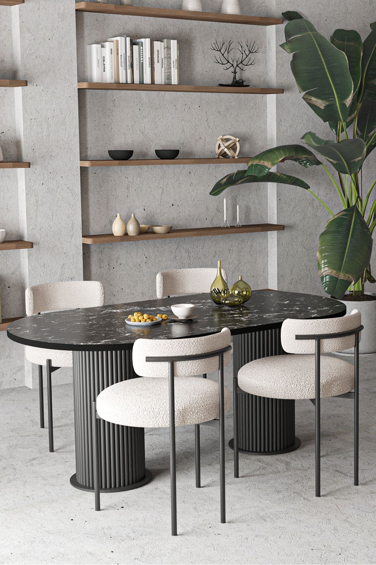 Anka Teddy Sandalye Bohem Lake Mdf Ayak 80x140 Oval Yemek Masası Mutfak Masası Masa Sandalye Takımı SİYAH MERMER - 80X140