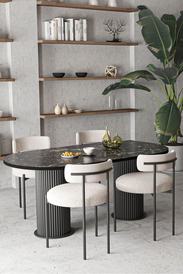 Anka Teddy Sandalye Bohem Lake Mdf Ayak 80x140 Oval Yemek Masası Mutfak Masası Masa Sandalye Takımı SİYAH MERMER - 80X140