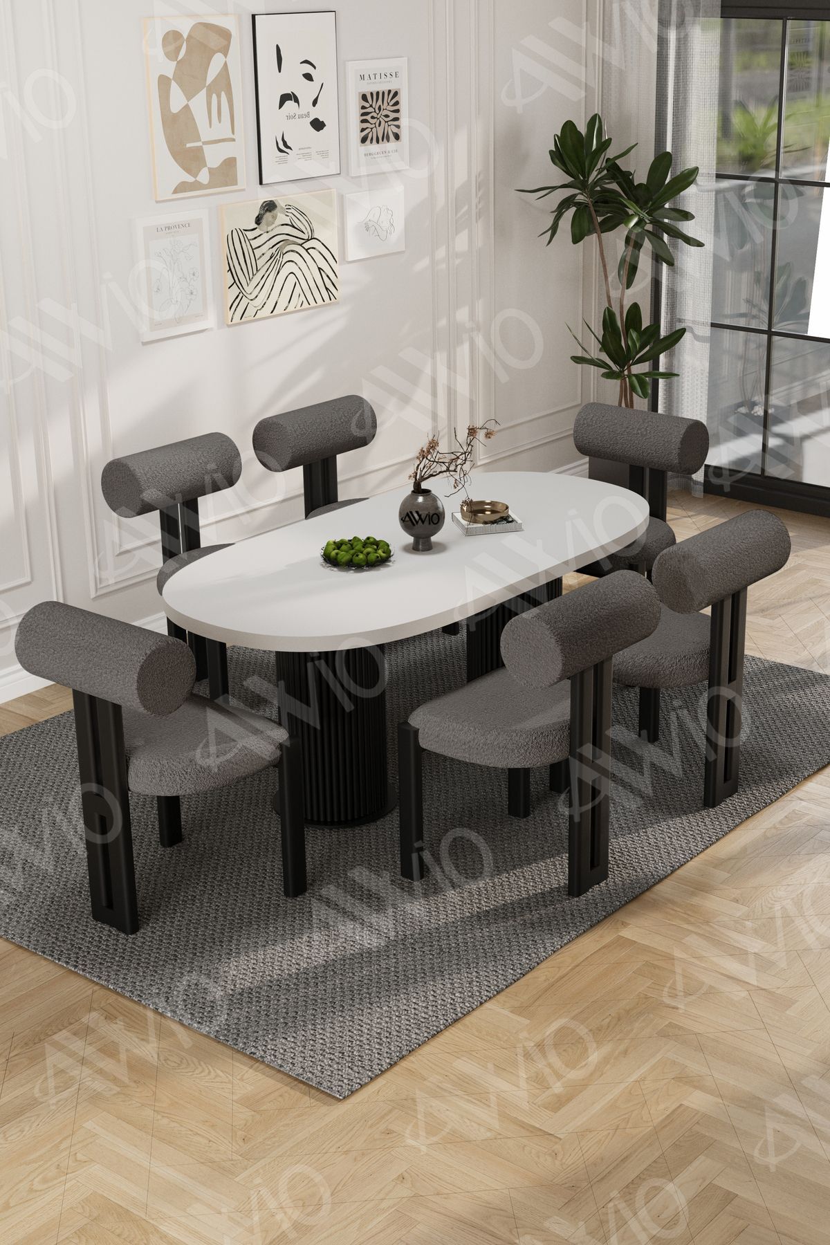 Verona Bohem Ayak 6'Lı Metal Pofi Demonte Sandalye 80x160 Masa Sandalye Takımı Beyaz Masa Sandalye SiyahKumaş Antrasit Gri - 80X160