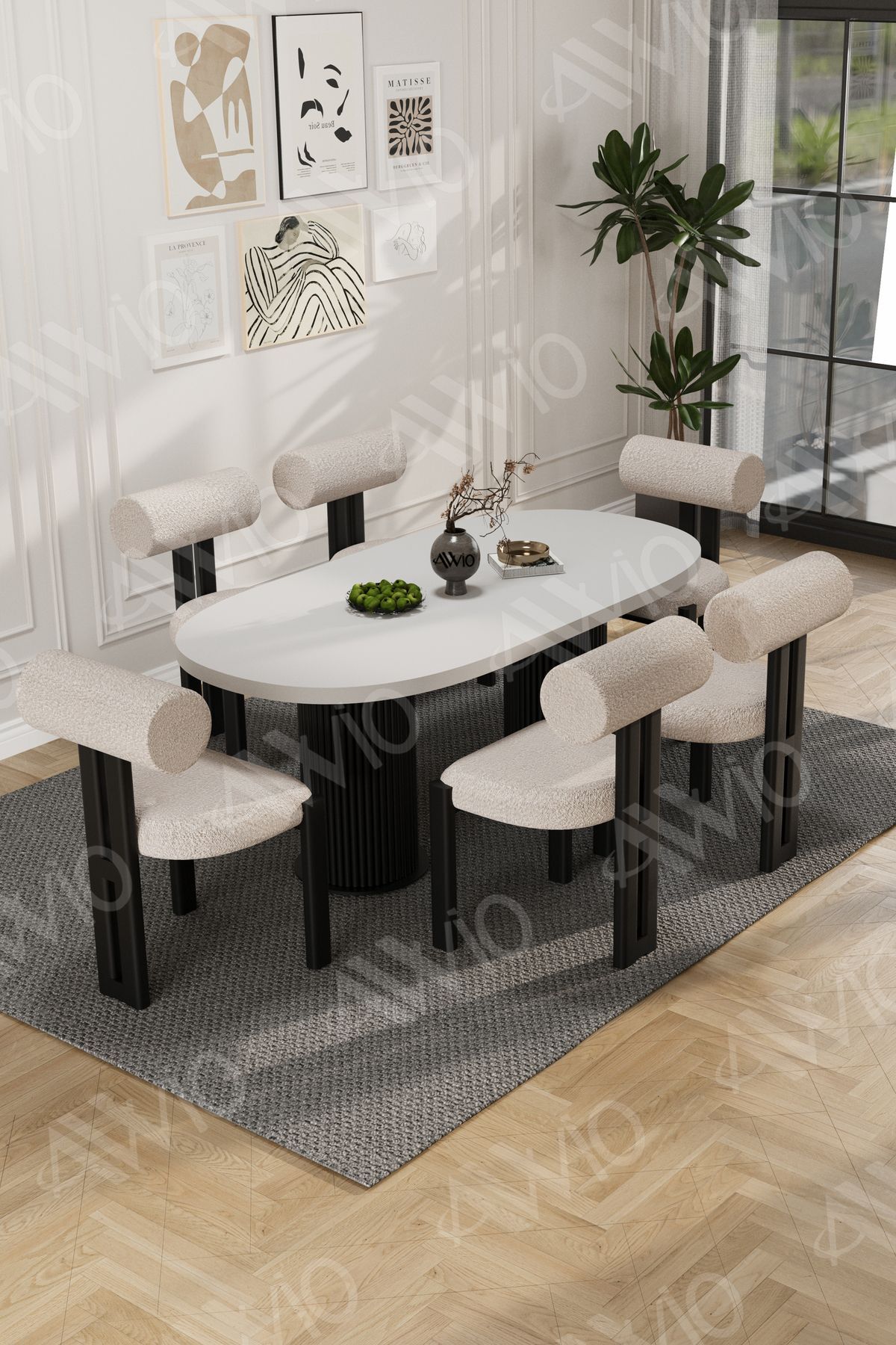 Verona Bohem Ayak 6'Lı Metal Pofi Demonte Sandalye 80x160 Masa Sandalye Takımı Beyaz Masa Sandalye Siyah Kumaş Krem - 80X160