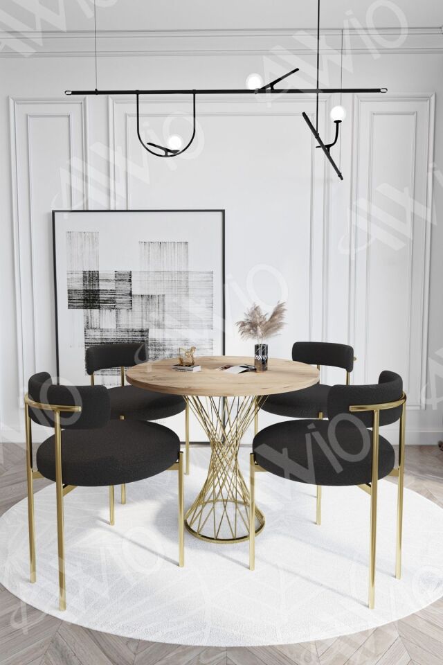 Pienna MAT GOLD Teddy Sandalye 90x90 Yuvarlak Yemek Masası Mutfak Masası  Masa Sandalye Takımı AKÇA - 90X90