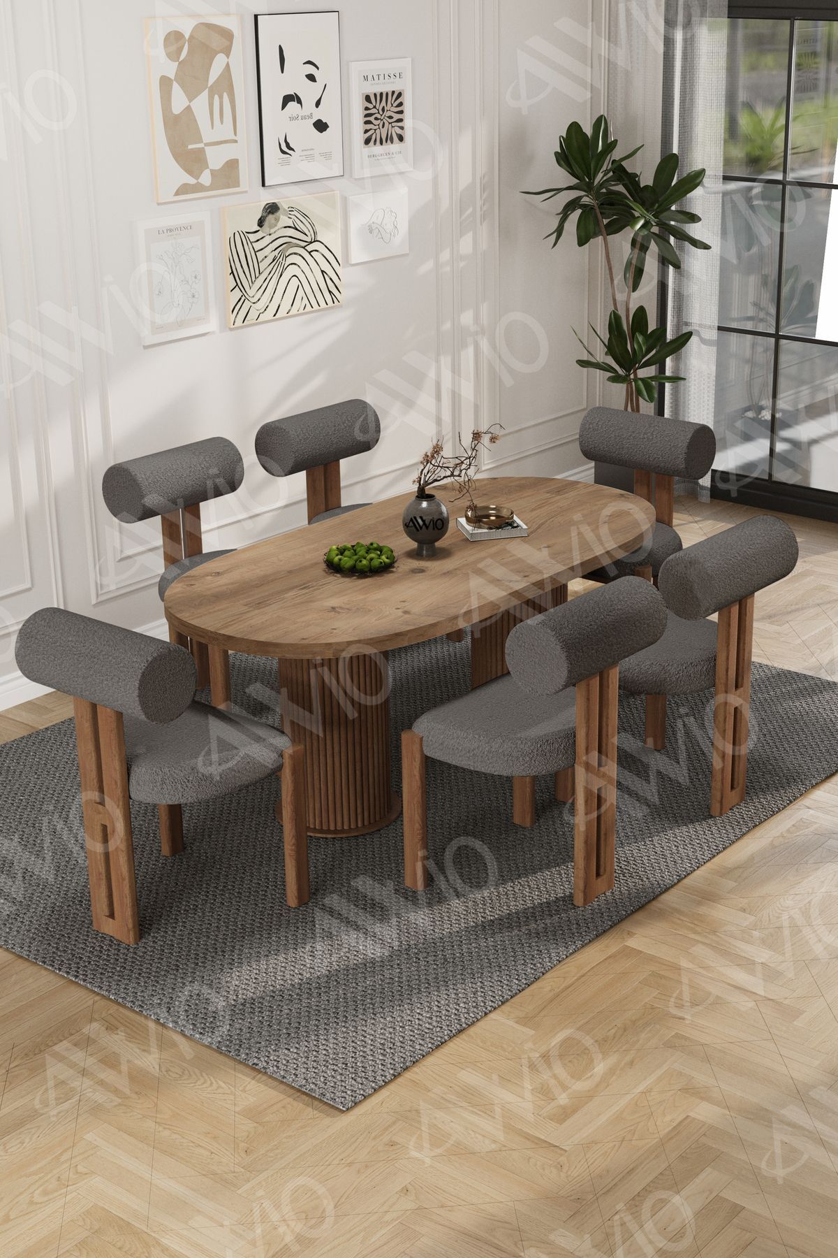 İcon Bohem Ayak 6'Lı Metal Pofi Demonte Sandalye 80x160 Masa Sandalye Takımı Akça Masa Sandalye Kumaşı Antrasit Gri - 80X160