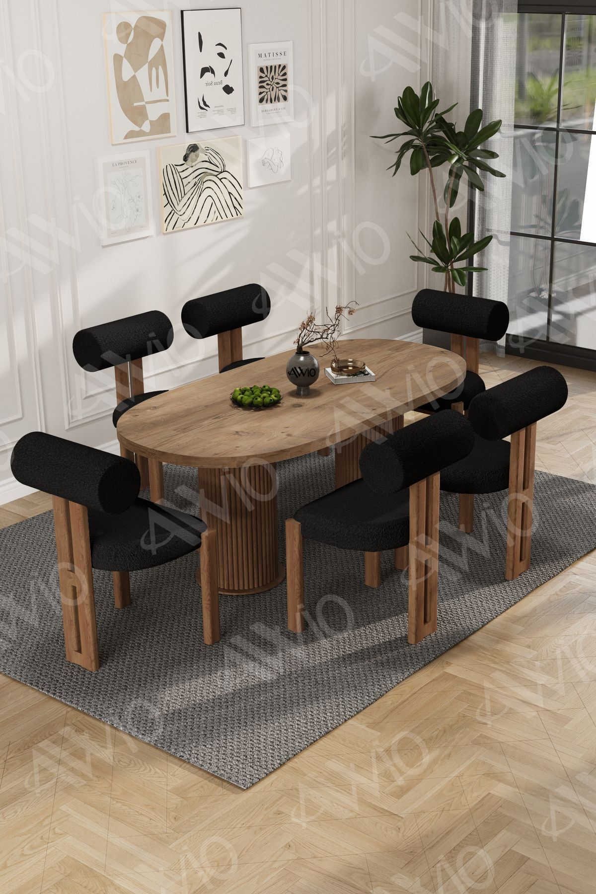 İcon Bohem Ayak 6'Lı Metal Pofi Demonte Sandalye 80x160 Masa Sandalye Takımı Akça Masa Sandalye Kumaşı Siyah - 80X160