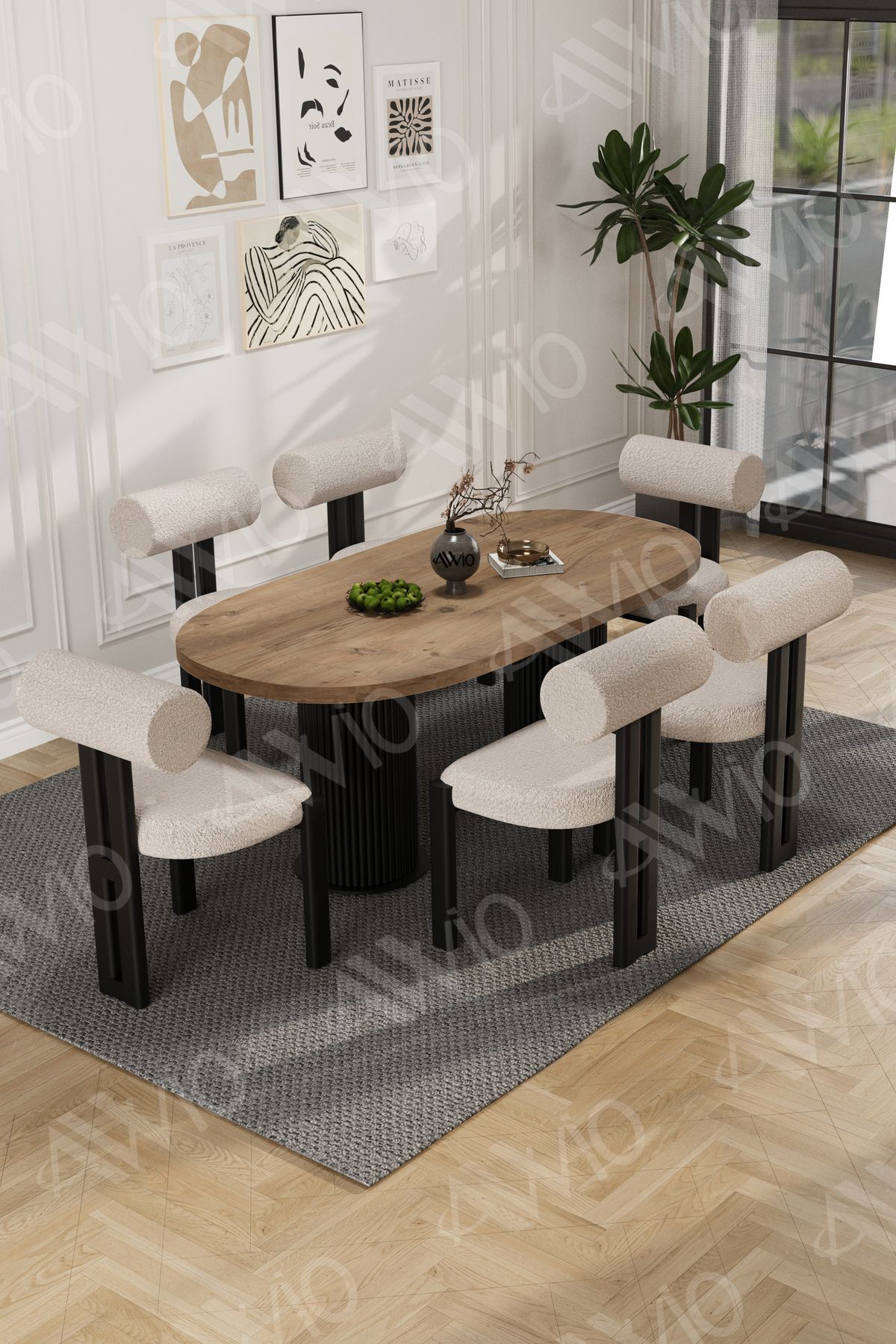 pofi Bohem6'Lı Metal Sandalye 80x160 mutfak masa takımı yemek masa takımı Masa Sandalye Takımı Kahverengi - 80X160