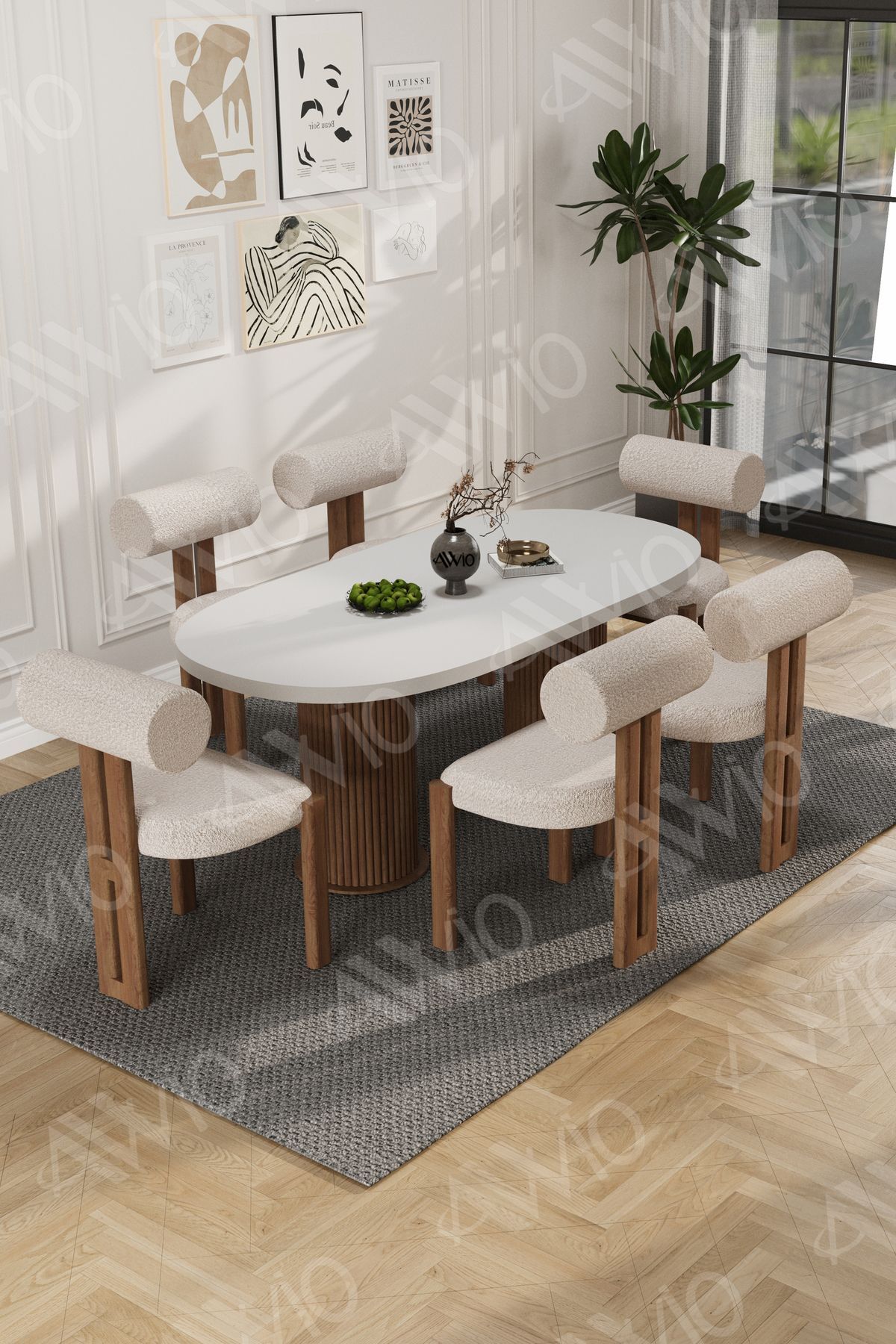 Bohem Ayak 6'Lı Metal Pofi Demonte Sandalye 80x160 Masa Sandalye Takımı Beyaz Masa Sandalye Kumaşı  Krem - 80X160