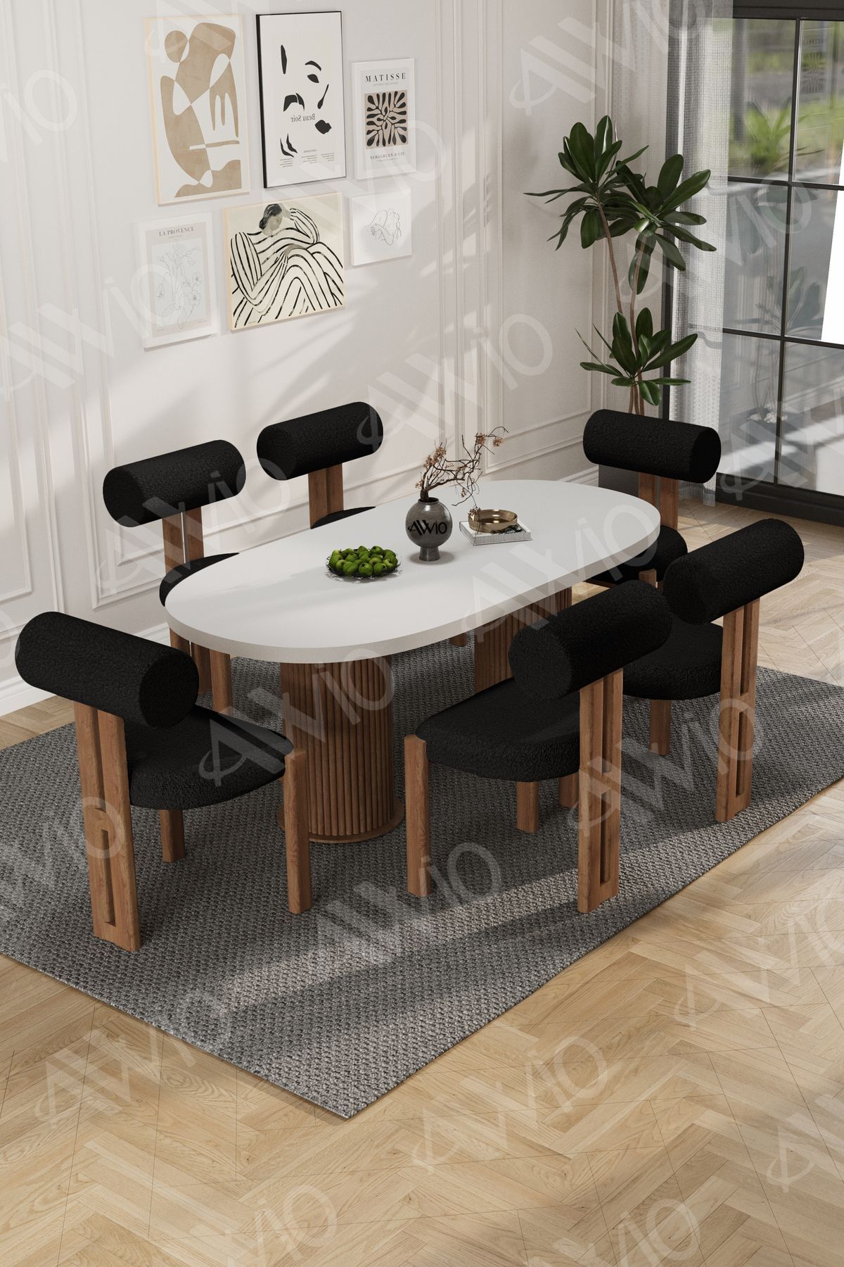 Bohem Ayak 6'Lı Metal Pofi Demonte Sandalye 80x160 Masa Sandalye Takımı Beyaz Masa Sandalye Kumaşı Siyah - 80X160