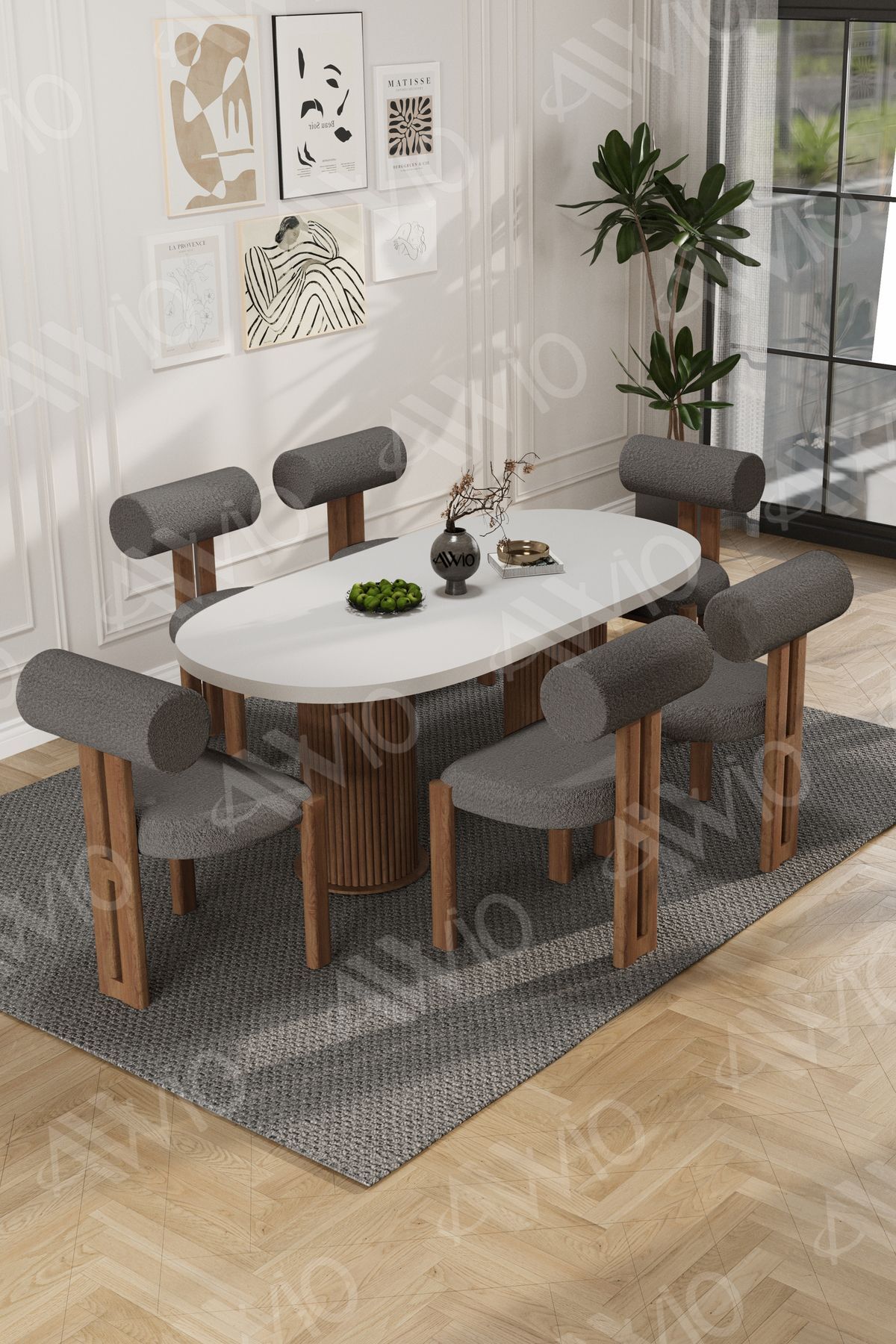 Bohem Ayak 6'Lı Metal Pofi Demonte Sandalye 80x160 Masa Sandalye Takımı Beyaz Masa Sandalye Antrasit Gri - 80X160