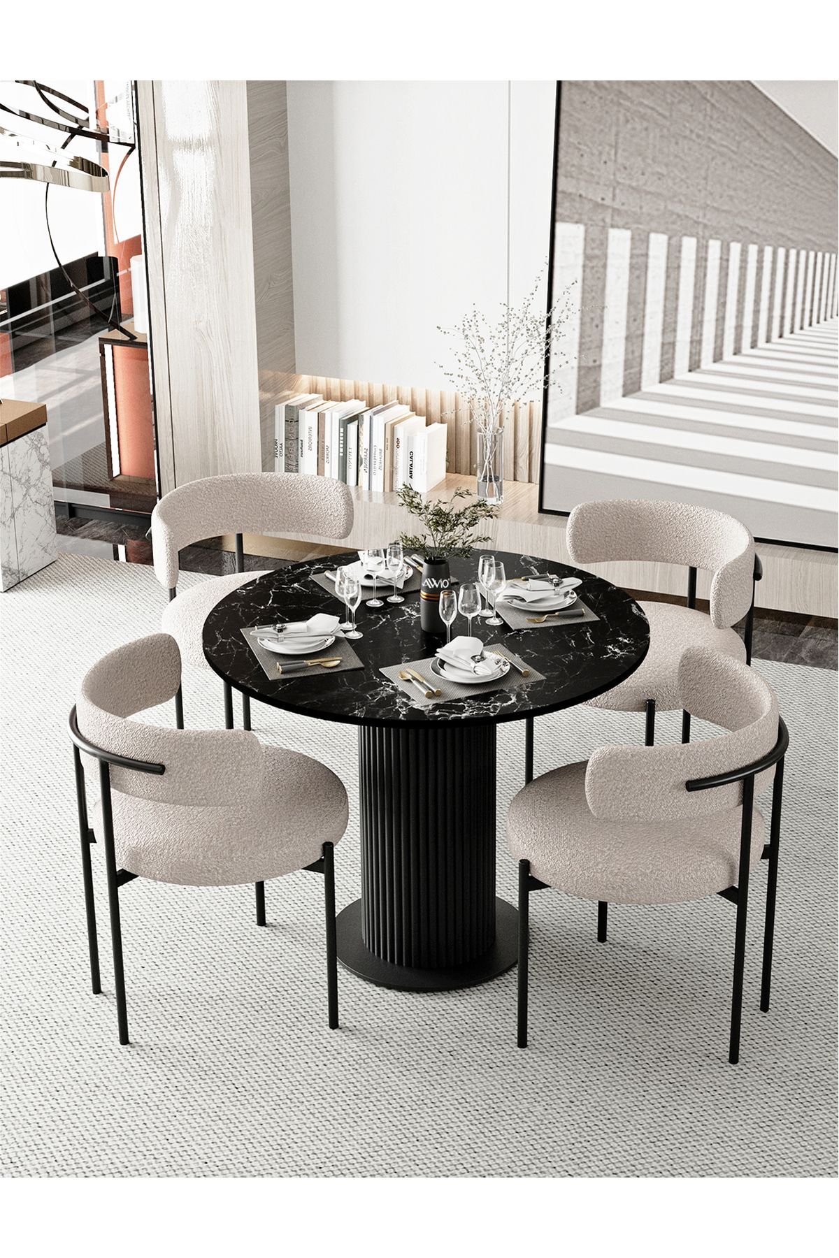 Rio 90x90 Lake Mdf Bohem Ayak Yuvarlak Mutfak Masası Takımı Yemek Masası Takımı SİYAH MERMER - 90X90