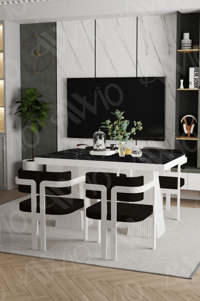 Leon Lake Ayak Tokyo Demonte Sandalye 80x120 Yemek Masası Mutfak Masası 4 Kişilik SİYAH MERMER - 80X120