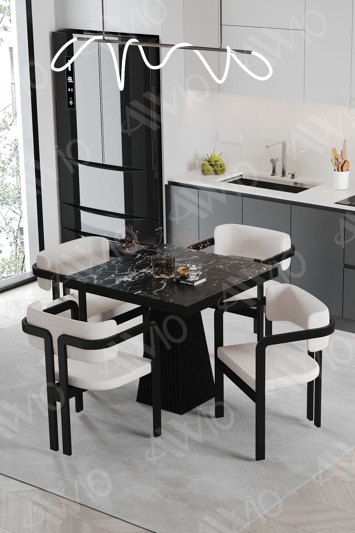 Nero Bohem Ayak Tokyo Demonte Sandalye 80x80 Yemek Masası Mutfak Masası 4 Kişilik SİYAHMERMER - 80X80